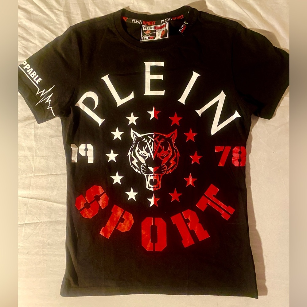 Plein Sport Black Tee with Red RUN & White #BEASTMODE Graphic